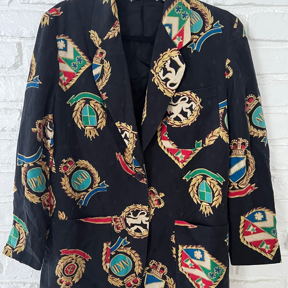 80’s Anne Klein II Vintage Crest Motif Baroque Silk Blazer - XS